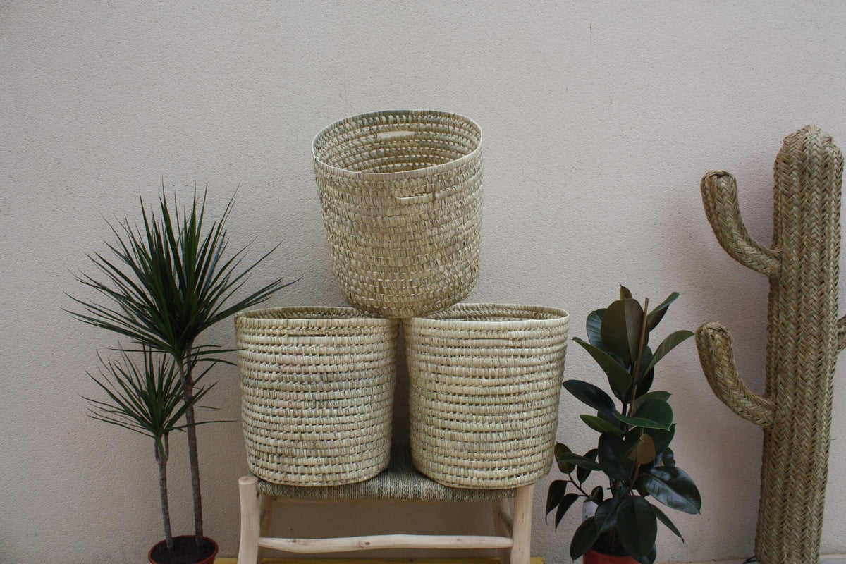 Panier Rond Coffre de rangement Tress en Palmier Blanc Bac Corb