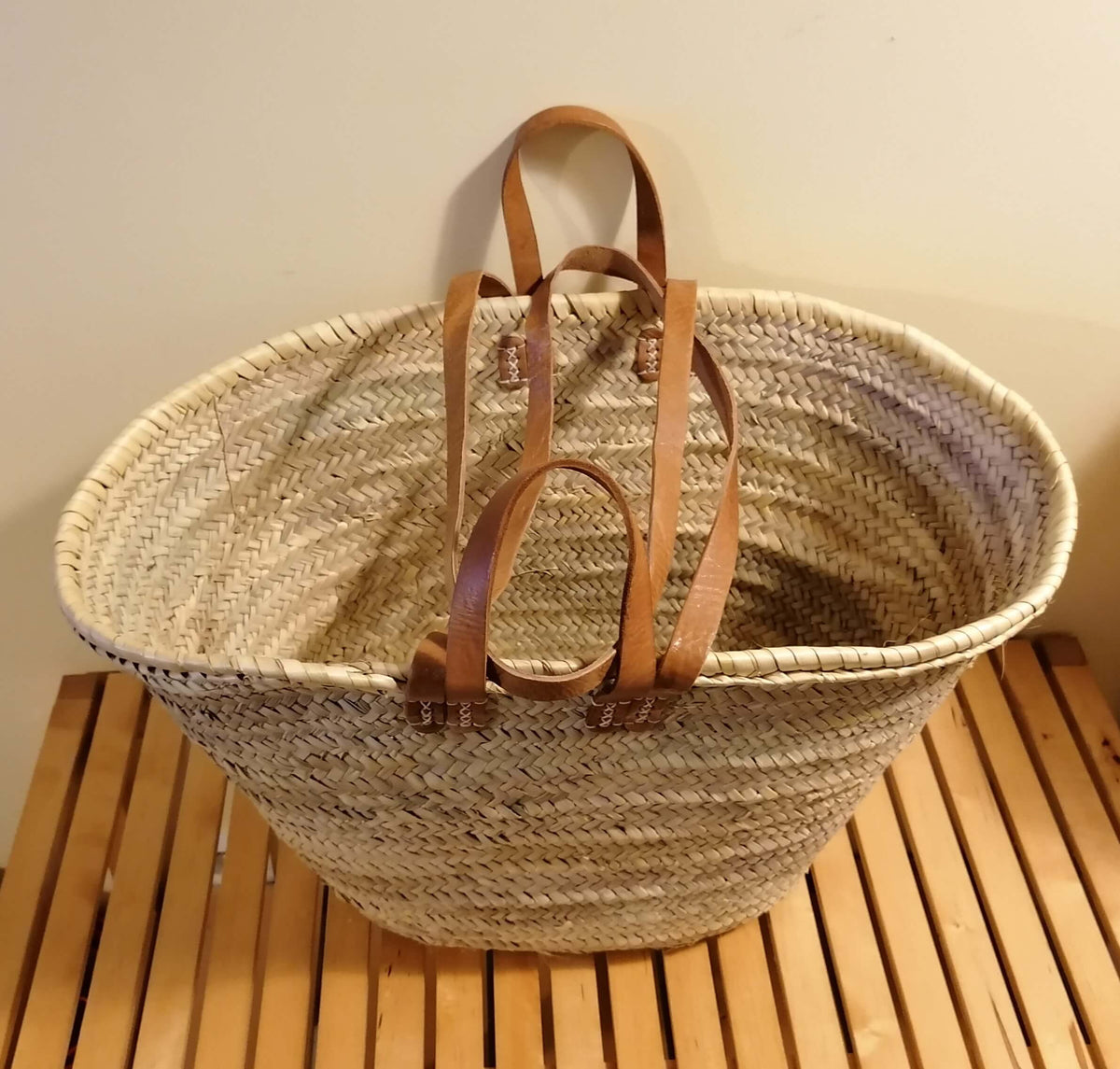 LARGE DOUBLE Bag Short Long Handles in Leather Straw basket Tote Bag Couffin markets shopping beach wicker rattan palm tree natural