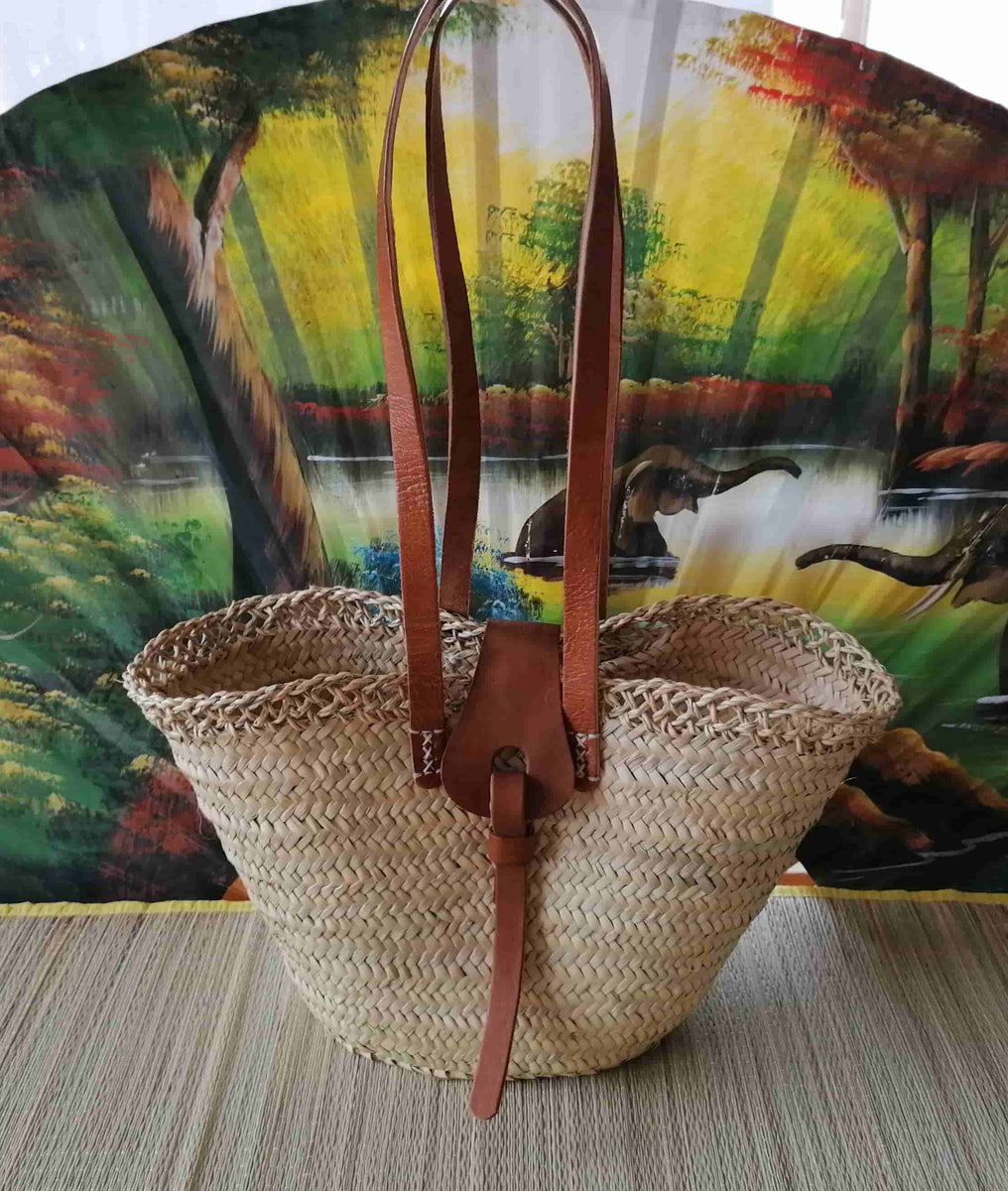 Bag Long Leather Handles Straw basket tote market shopping beach