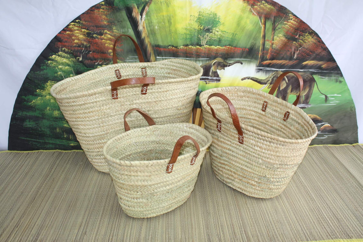 Panier marocain, palmier, à anses longues en cuir brun | Sacs & cabas Panier marocain, palmier, à anses longues en cuir brun | Sacs & cabas