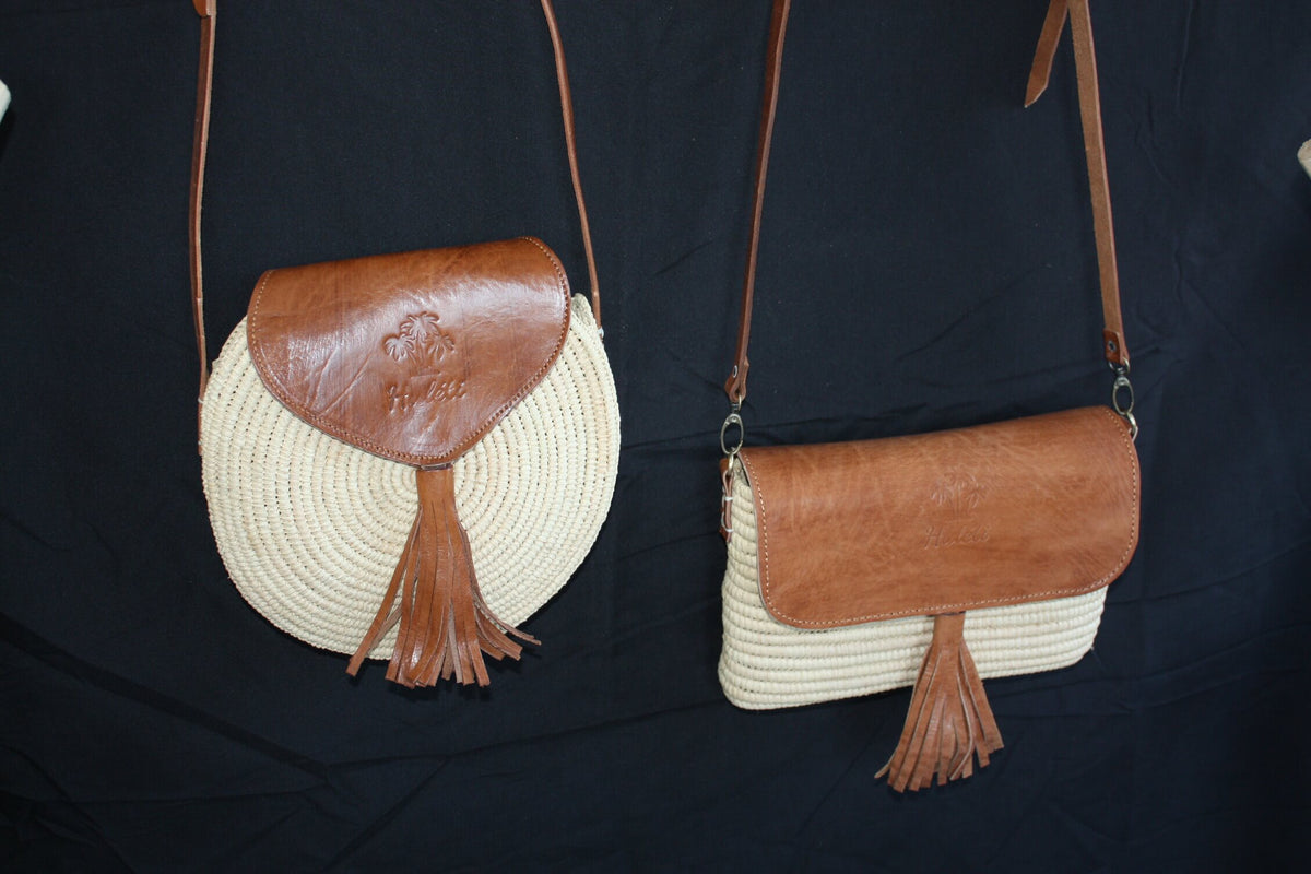 Raffia Crochet Bag Round Leather Shoulder Bag Rectangular Pouch HANDMADE Moroccan Craftsmanship Women's Summer
