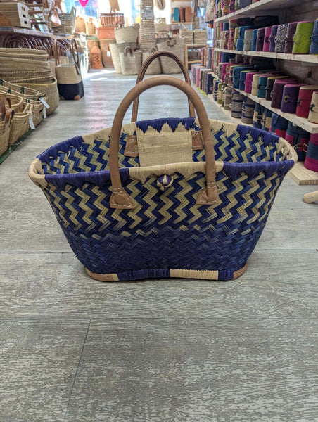 Panier à courses - ARTISANAL MADAGASCAR - Sac Cabas Naturel et Bleu - Tressé à la main - 3 tailles au choix - osier marché plage