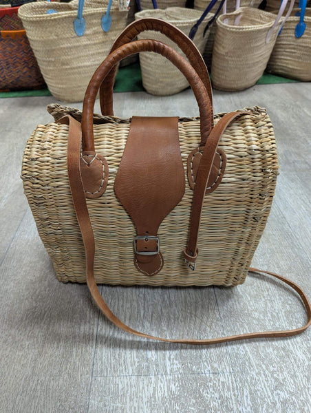 Panier Sac à Main Bandoulière - FERMETURE BOUCLE - Naturel & Cuir - Huléti -