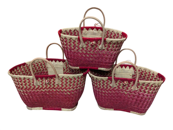 Beau panier à courses - Cabas ARTISANAL MADAGASCAR - Sac Rouge & Naturel - Tressé Main - 3 tailles au choix - plage osier paille