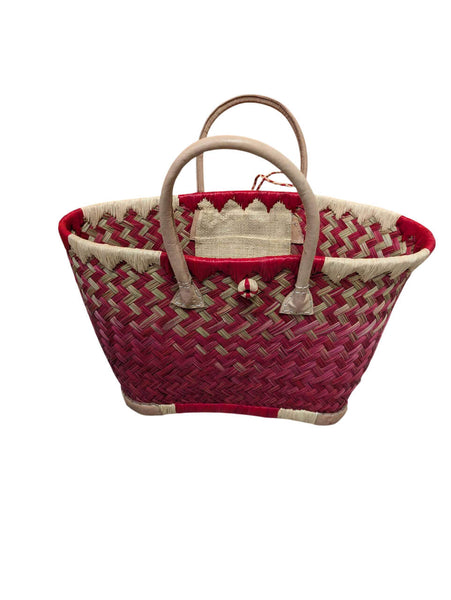Beau panier à courses - Cabas ARTISANAL MADAGASCAR - Sac Rouge & Naturel - Tressé Main - 3 tailles au choix - plage osier paille