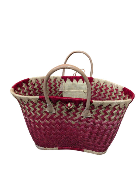 Beau panier à courses - Cabas ARTISANAL MADAGASCAR - Sac Rouge & Naturel - Tressé Main - 3 tailles au choix - plage osier paille