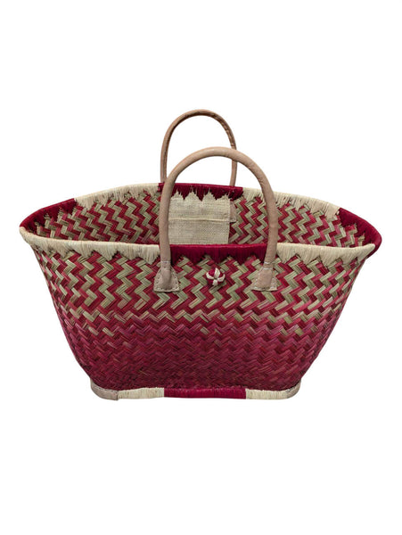 Beau panier à courses - Cabas ARTISANAL MADAGASCAR - Sac Rouge & Naturel - Tressé Main - 3 tailles au choix - plage osier paille