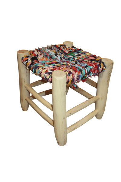 TABOURET MAROCAIN - Bois d'Eucalyptus & Tissu recyclé - Artisanat Naturel - Décoration Durable