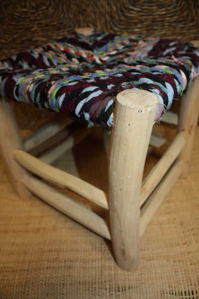 TABOURET MAROCAIN - Bois d'Eucalyptus & Tissu recyclé - Artisanat Naturel - Décoration Durable