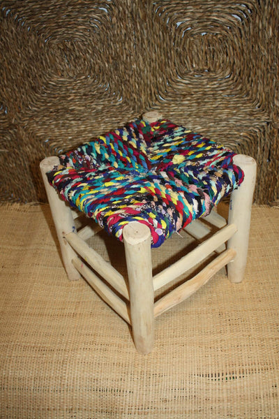 TABOURET MAROCAIN - Bois d'Eucalyptus & Tissu recyclé - Artisanat Naturel - Décoration Durable