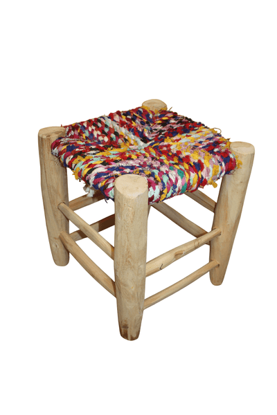 TABOURET MAROCAIN - Bois d'Eucalyptus & Tissu recyclé - Artisanat Naturel - Décoration Durable
