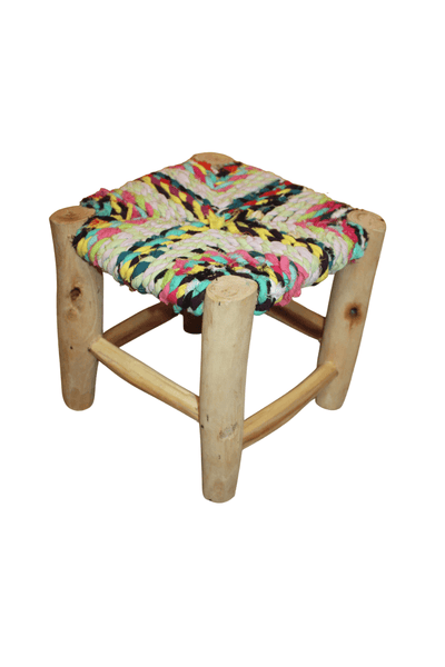 PETIT TABOURET MAROCAIN - Bois de Citronnier & Tissu recyclé - Artisanat Boucherouite - Décoration Durable -