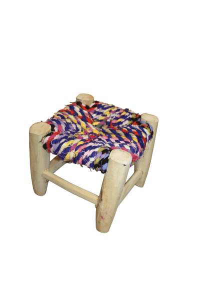 PETIT TABOURET MAROCAIN - Bois de Citronnier & Tissu recyclé - Artisanat Boucherouite - Décoration Durable -