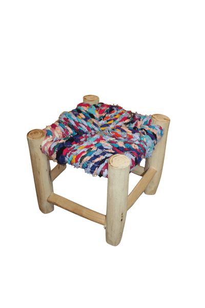 PETIT TABOURET MAROCAIN - Bois de Citronnier & Tissu recyclé - Artisanat Boucherouite - Décoration Durable -