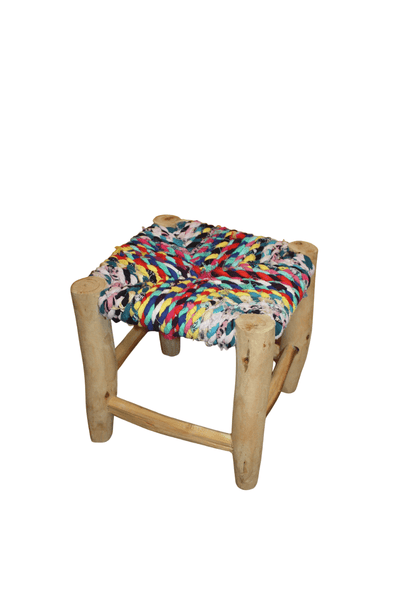 PETIT TABOURET MAROCAIN - Bois de Citronnier & Tissu recyclé - Artisanat Boucherouite - Décoration Durable -