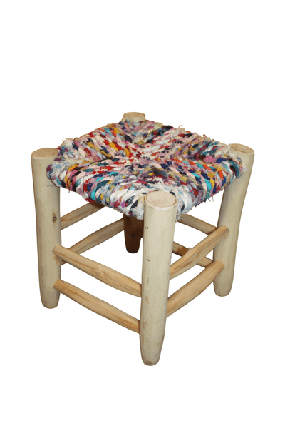 TABOURET MAROCAIN - Bois d'Eucalyptus & Tissu recyclé - Artisanat Naturel - Décoration Durable