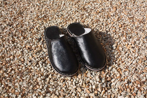 Black LEATHER SLIPPER - 100% HANDMADE Berber manufacturing - Man &amp; Woman - From 38 to 45 -