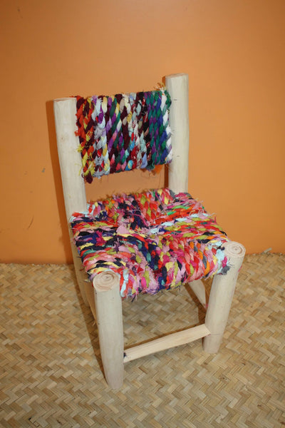 Children's Chair - In Lemon Wood &amp; Recycled Fabric - Moroccan Berber Craftsmanship - HANDMADE -