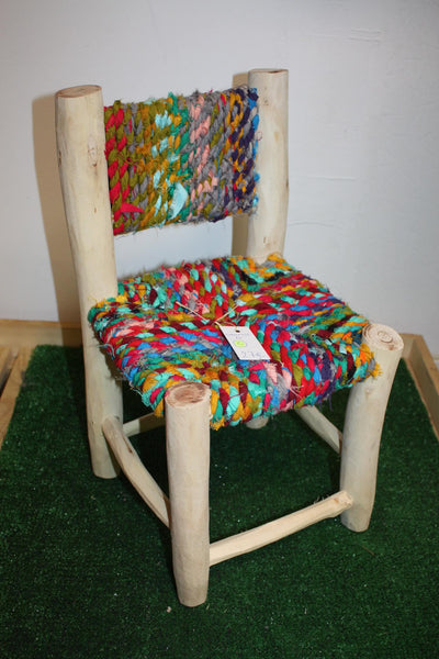 Children's Chair - In Lemon Wood &amp; Recycled Fabric - Moroccan Berber Craftsmanship - HANDMADE -