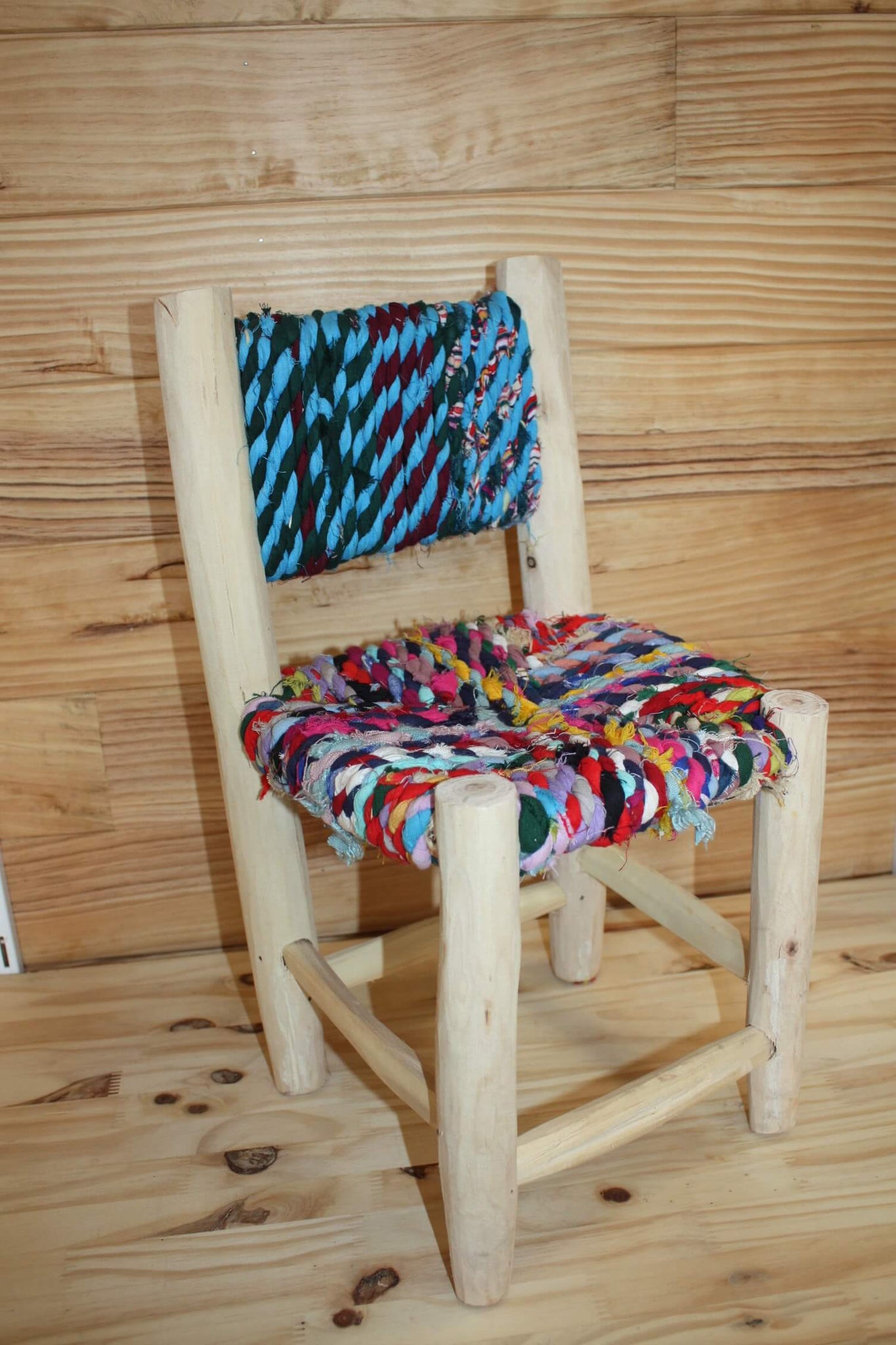 Children's Chair - In Lemon Wood &amp; Recycled Fabric - Moroccan Berber Craftsmanship - HANDMADE -