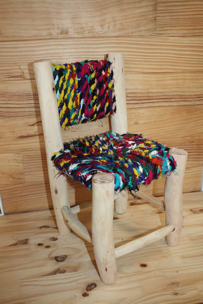 Children's Chair - In Lemon Wood &amp; Recycled Fabric - Moroccan Berber Craftsmanship - HANDMADE -