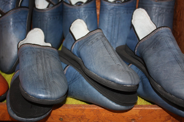 Babouches CUIR Bleu Jeans SEMELLES en PNEUS - Talons pliables - Couture "cousu retourné" - Homme & Femme - Du 40 au 45