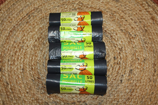 Lot de 50 Sacs poubelle 50 Litres noir – Résistants, Soudure étoile, Liens coulissants – Idéal pour Collecte des Déchets Domestiques et Professionnels