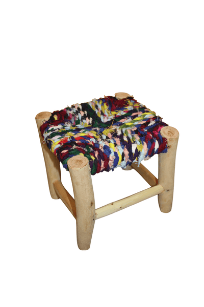PETIT TABOURET MAROCAIN - Bois de Citronnier & Tissu recyclé - Artisanat Boucherouite - Décoration Durable -