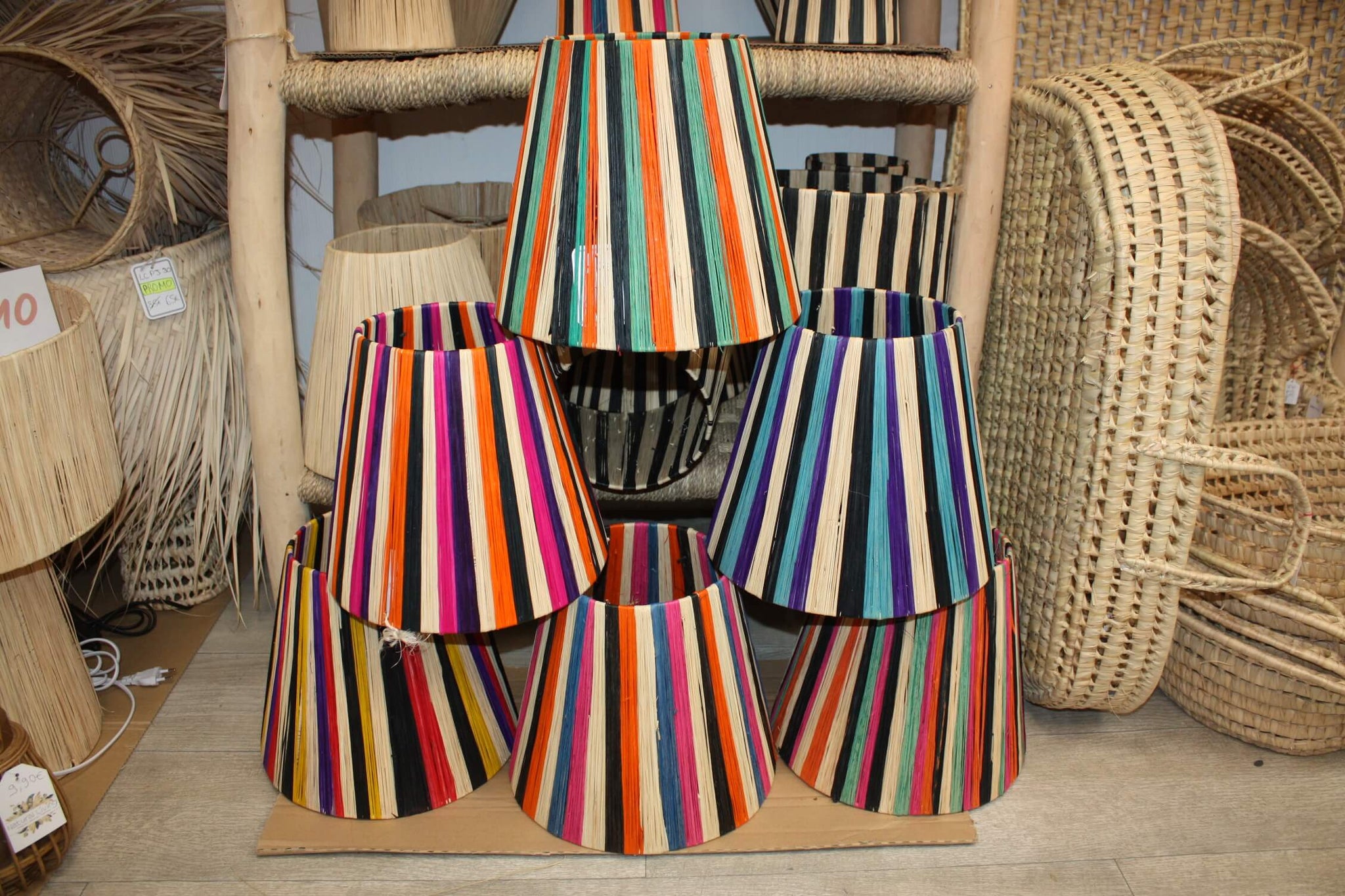 Abat Jour RAPHIA Conique Multicolore - pour lampe chevet osier rotin paille - Artisanal FAIT MAIN