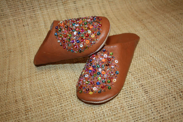 BABOUCHES souples en cuir camel avec sequins multicolores - Chaussons cuir confortables. 100% artisanale - Femme du 36 au 42 !