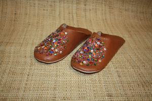 BABOUCHES souples en cuir camel avec sequins multicolores - Chaussons cuir confortables. 100% artisanale - Femme du 36 au 42 !