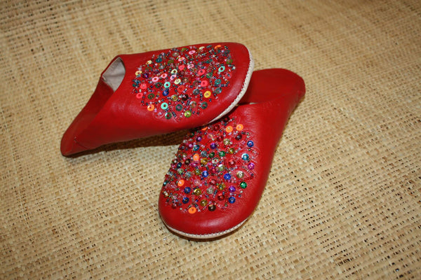 BABOUCHES souples cuir Rouge avec sequins multicolores - Chaussons cuir confortables. 100% artisanale - Femme du 36 au 42 !