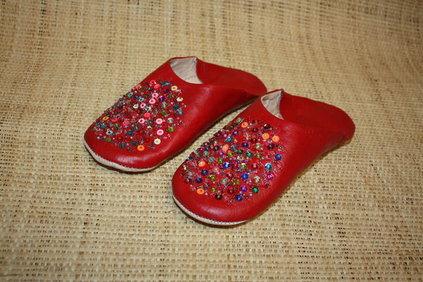 BABOUCHES souples cuir Rouge avec sequins multicolores - Chaussons cuir confortables. 100% artisanale - Femme du 36 au 42 !