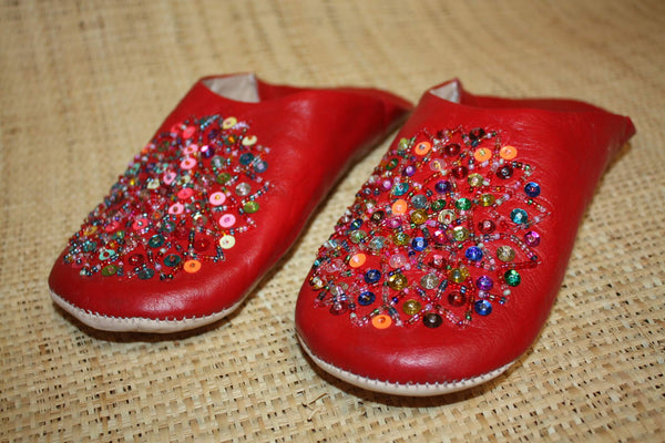 BABOUCHES souples cuir Rouge avec sequins multicolores - Chaussons cuir confortables. 100% artisanale - Femme du 36 au 42 !