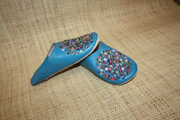 BABOUCHES souples cuir Bleu Turquoise avec sequins multicolores - Chaussons cuir confortables. 100% artisanale - Femme du 36 au 42 !