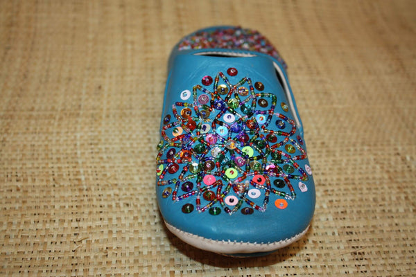 BABOUCHES souples cuir Bleu Turquoise avec sequins multicolores - Chaussons cuir confortables. 100% artisanale - Femme du 36 au 42 !