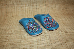 BABOUCHES souples cuir Bleu Turquoise avec sequins multicolores - Chaussons cuir confortables. 100% artisanale - Femme du 36 au 42 !