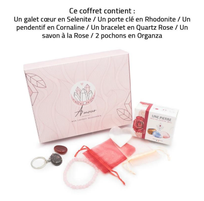 Coffret découverte Amour & Bien-être - Cœur Sélénite, Bracelet pierre, pendentif, savon rose, porte clé...