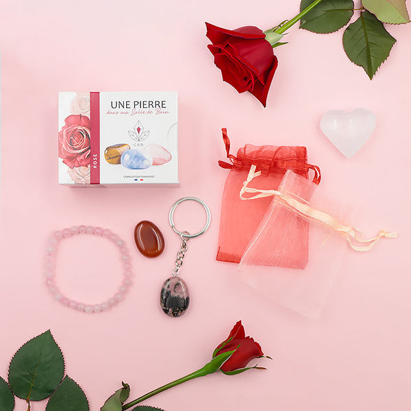 Coffret découverte Amour & Bien-être - Cœur Sélénite, Bracelet pierre, pendentif, savon rose, porte clé...