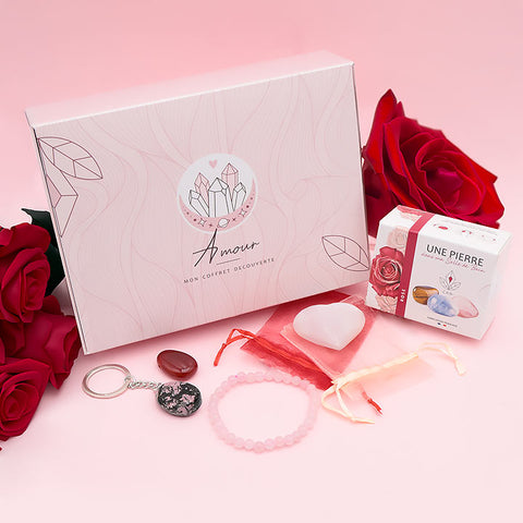 Coffret découverte Amour & Bien-être - Cœur Sélénite, Bracelet pierre, pendentif, savon rose, porte clé...