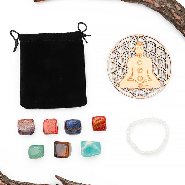 Coffret découverte 7 chakras - Plaque de rechargement bois, bracelet, 7 pierres roulées