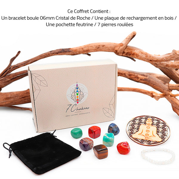 Coffret découverte 7 chakras - Plaque de rechargement bois, bracelet, 7 pierres roulées