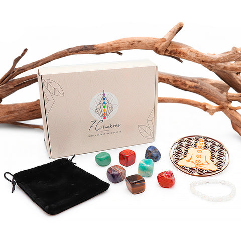 Coffret découverte 7 chakras - Plaque de rechargement bois, bracelet, 7 pierres roulées