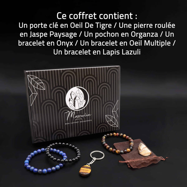 Coffret découverte Masculin Homme - 3 bracelets pierres, porte clé et pierre roulée