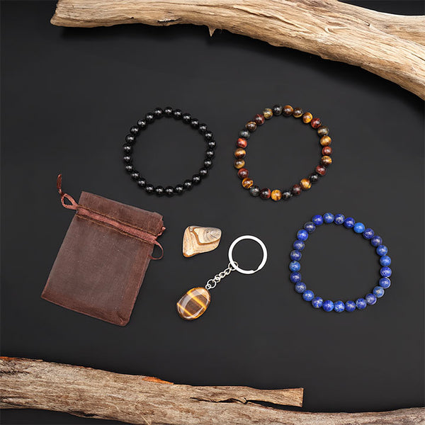 Coffret découverte Masculin Homme - 3 bracelets pierres, porte clé et pierre roulée