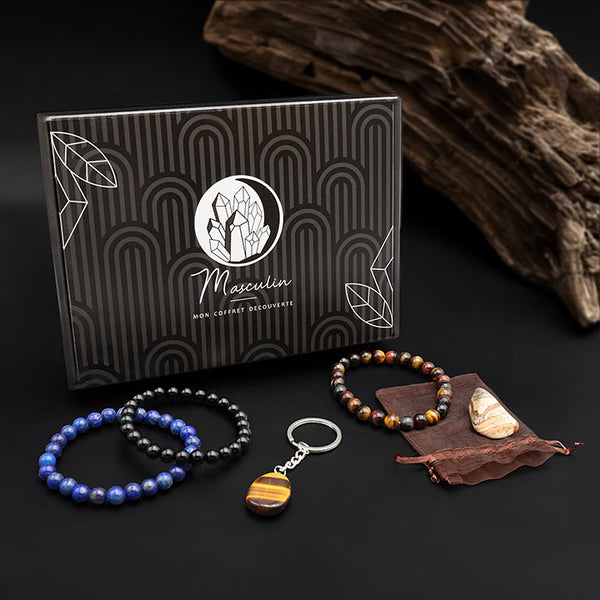 Coffret découverte Masculin Homme - 3 bracelets pierres, porte clé et pierre roulée