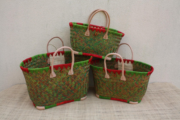 Cabas à courses tressé de Madagascar - Panier Sac Rouge & Vert - Artisanal - 3 tailles au choix -