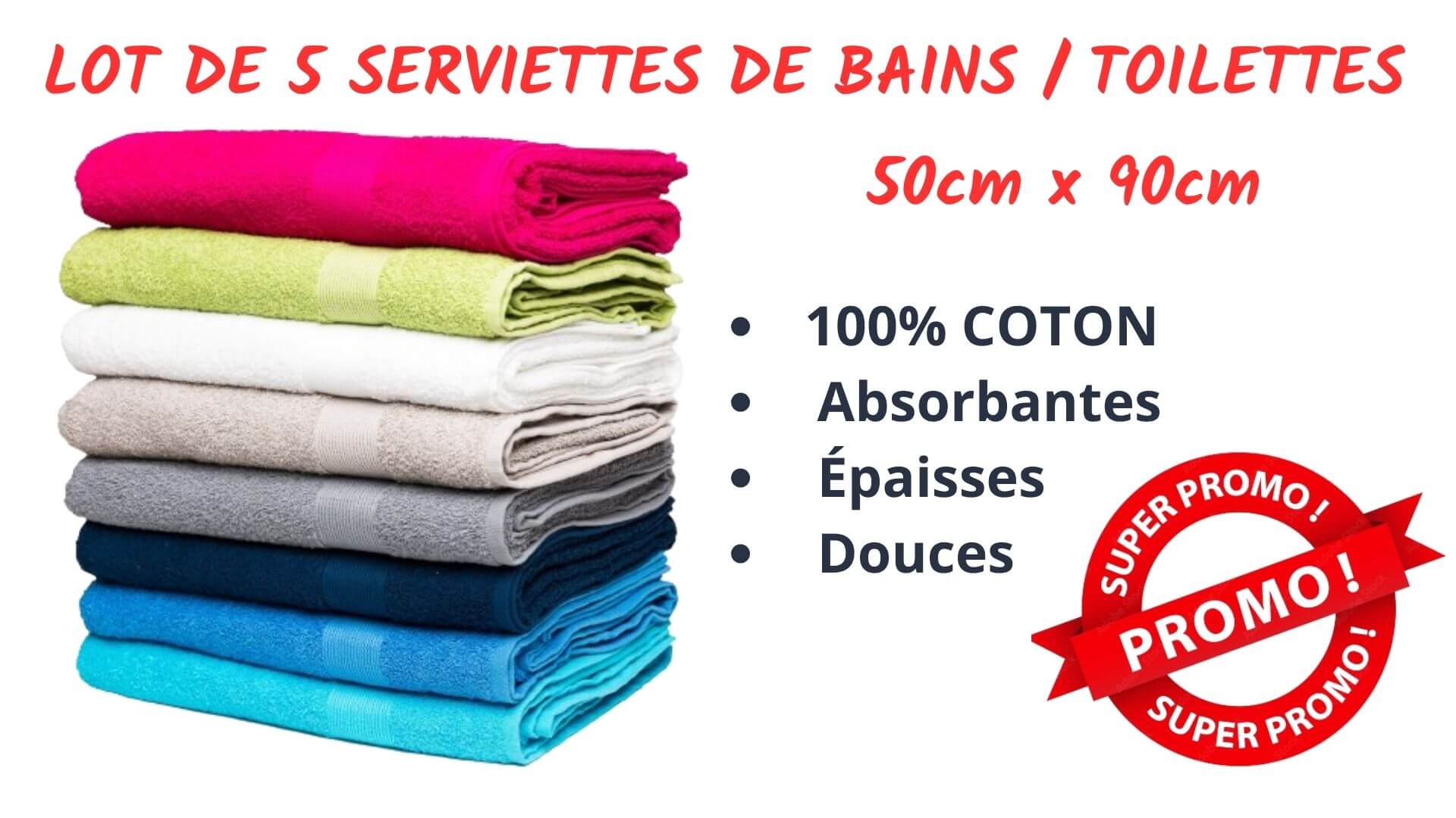 Set of 5 Hand Towels - 50x100cm - 100% Cotton -
