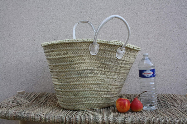 Grand Panier en Rotin pour Courses | Sac en Paille de Plage | Cabas en Osier pour le Marché - Anses en Cuir : Plusieurs Couleurs Disponibles