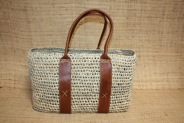SUPERBE Panier en palmier - Anses Longues et contour cuir - Sac paille cabas osier rotin idéal courses, plage, marchés ...